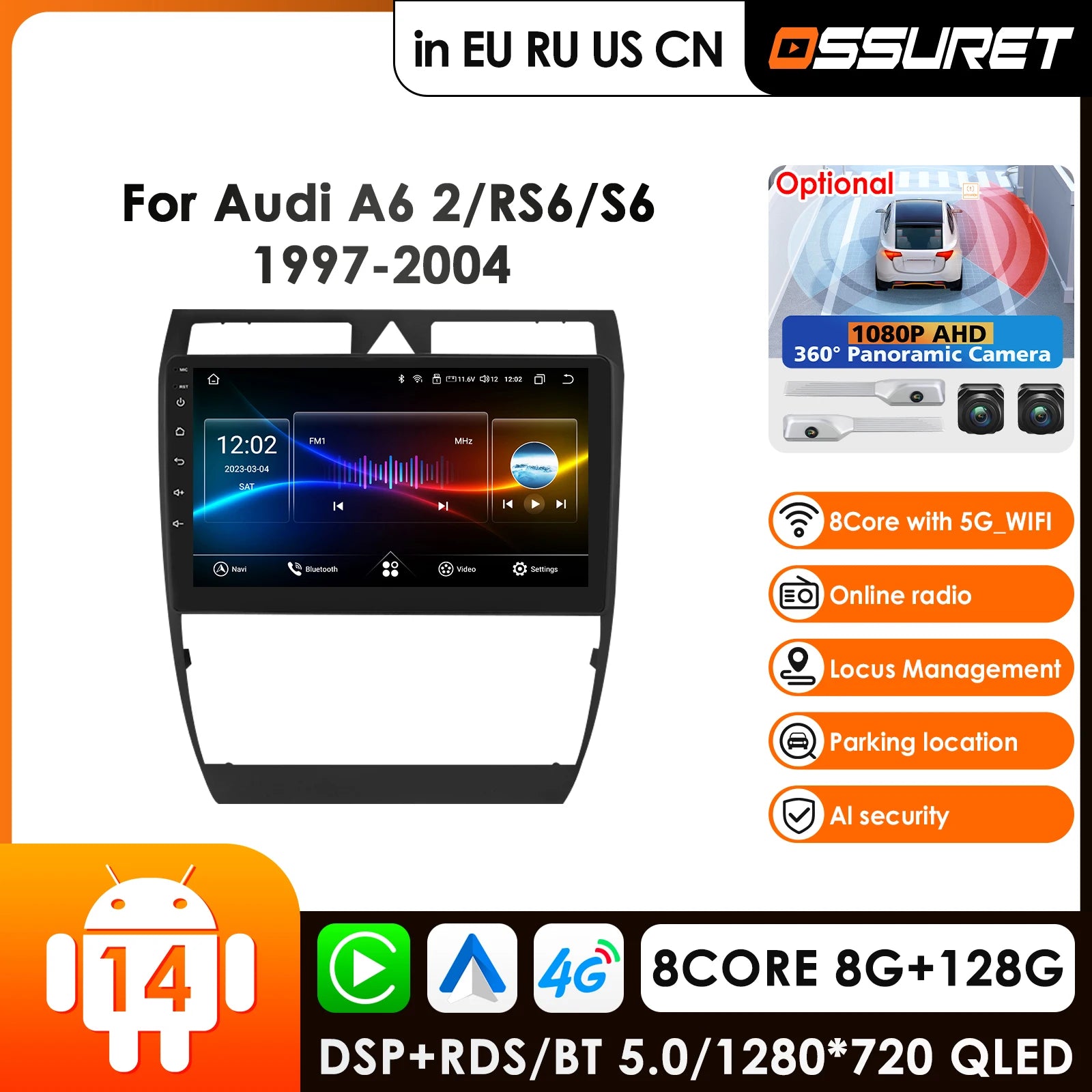 12.3" Car Radio GPS for Audi A6 C5 S6 RS6 1997-2004 Android Carplay 4G-LTE 360 Camera Multimedia Player RDS