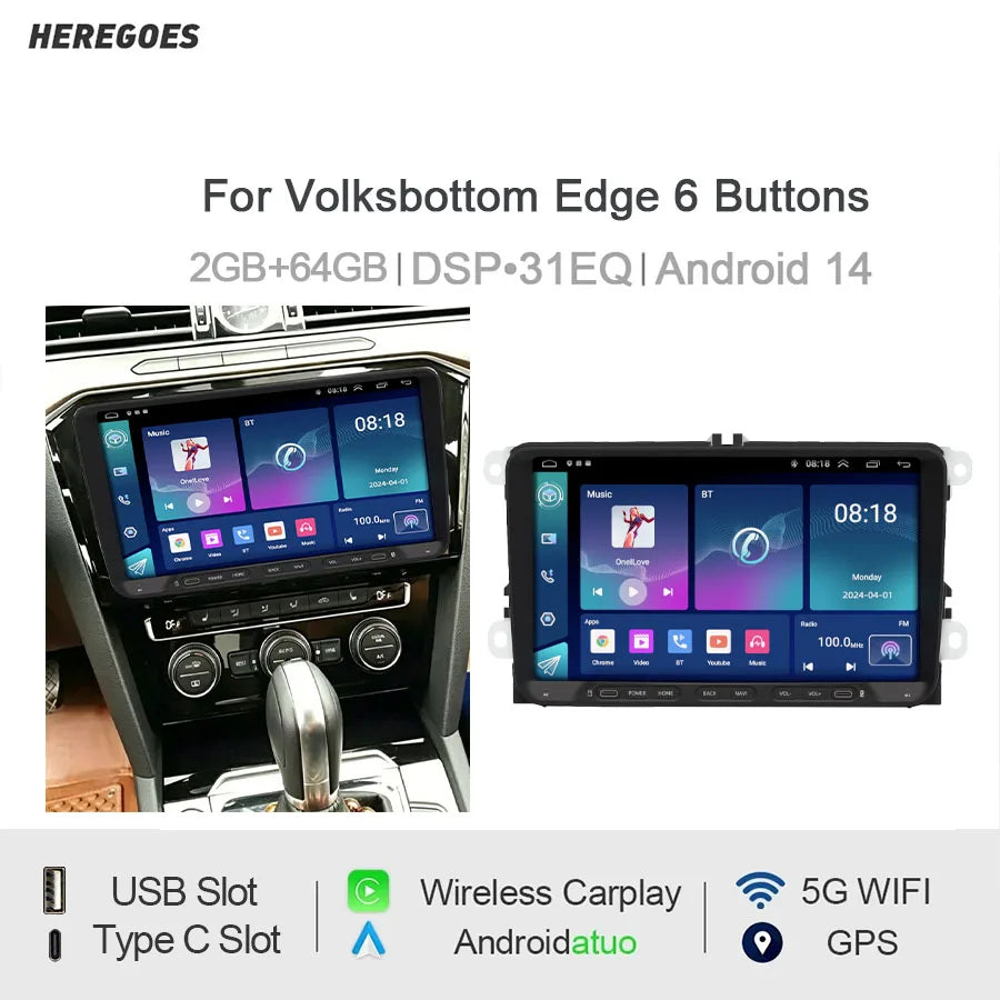9" Android Car Radio GPS for Volkswagen Edge 6 Buttons 2010-2020 - CarPlay, Android Auto, Bluetooth, Steering Wheel Cont