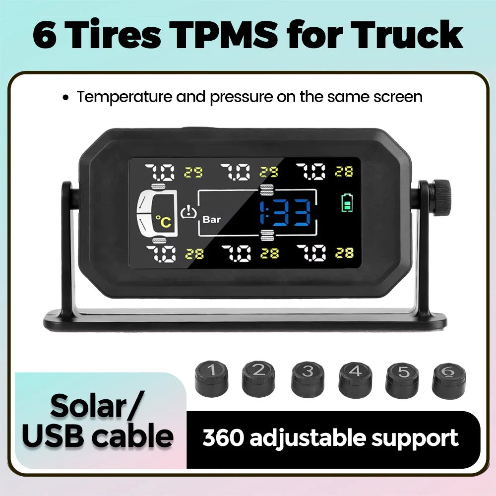 6 Sensors Tires TPMS for Truck Temperature & Pressure on The Same Screen Solar USB Cable C | AUTOKITSHOP