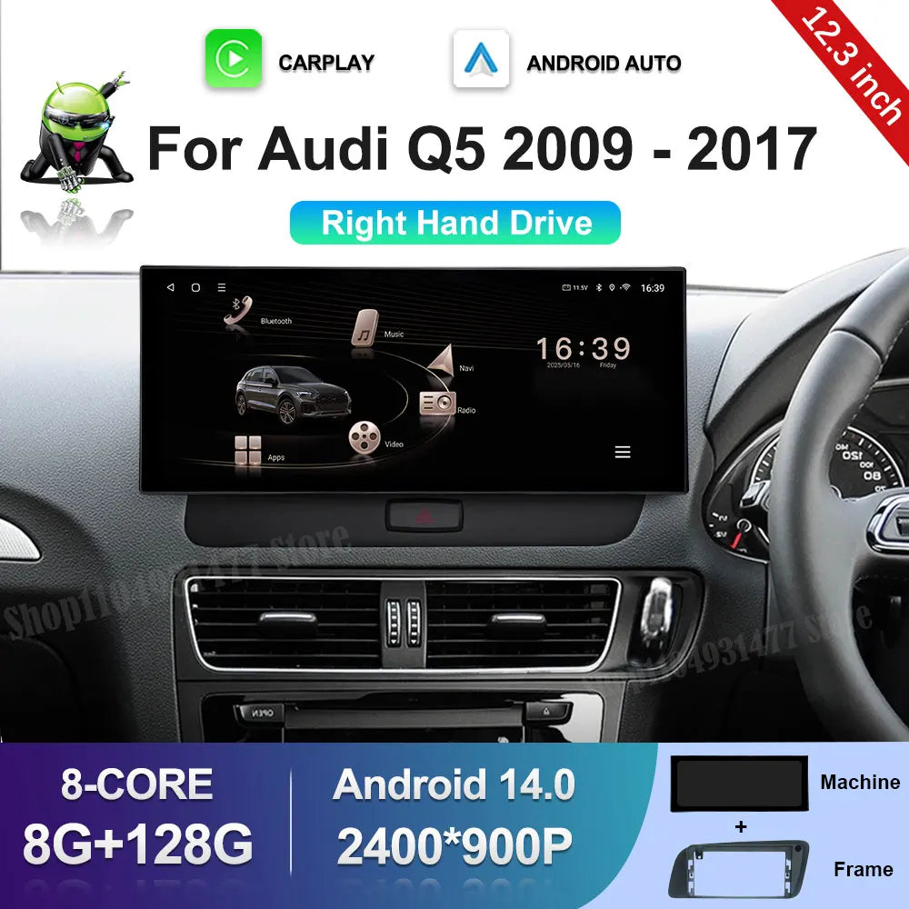 QLED 2400*900P HD Screen Android 14 RHD for Audi Q5 2009 - 2017 Bluetooth GPS Wireless Car