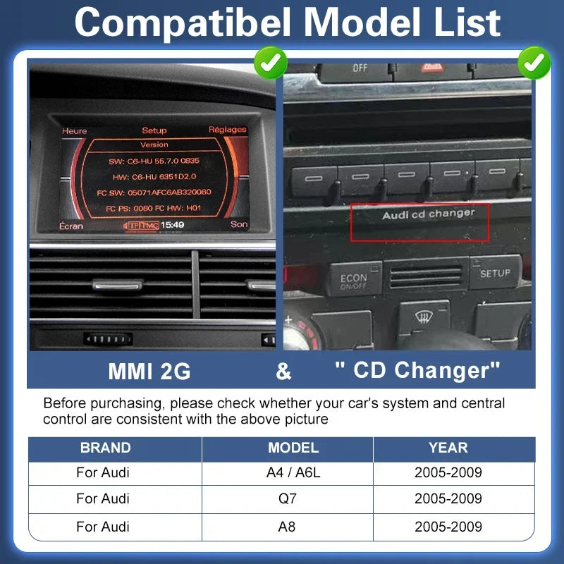 Wireless CarPlay Android Auto Box for Audi A4/A6L/Q7/A8 2005-2009 MMI2G High with AirPlay
