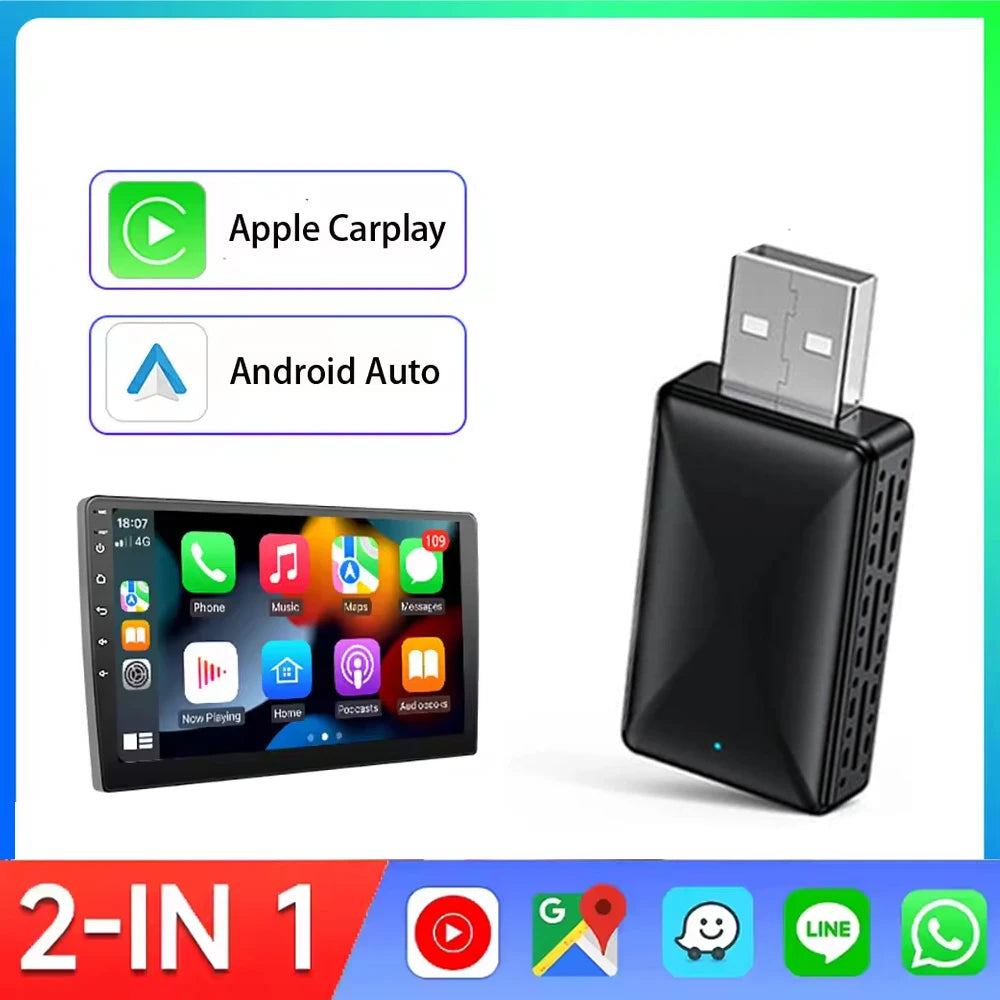 2in1 Wired to Wireless CarPlay Android Auto Adapter for OEM Car Stereo With USB Plug and P