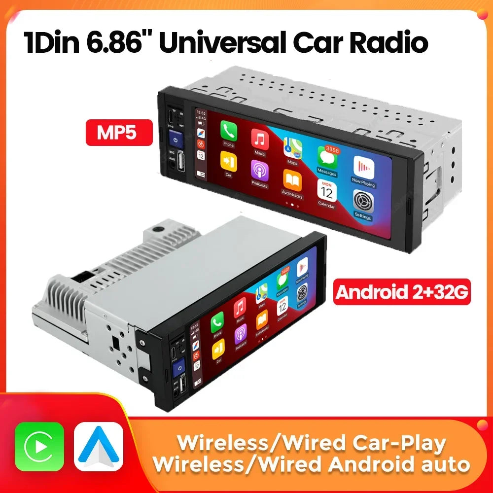 1DIN Universal Car Multimedia Video Player Wird & Wireless Carplay Android Auto Stereo 6.8 | AUTOKITSHOP