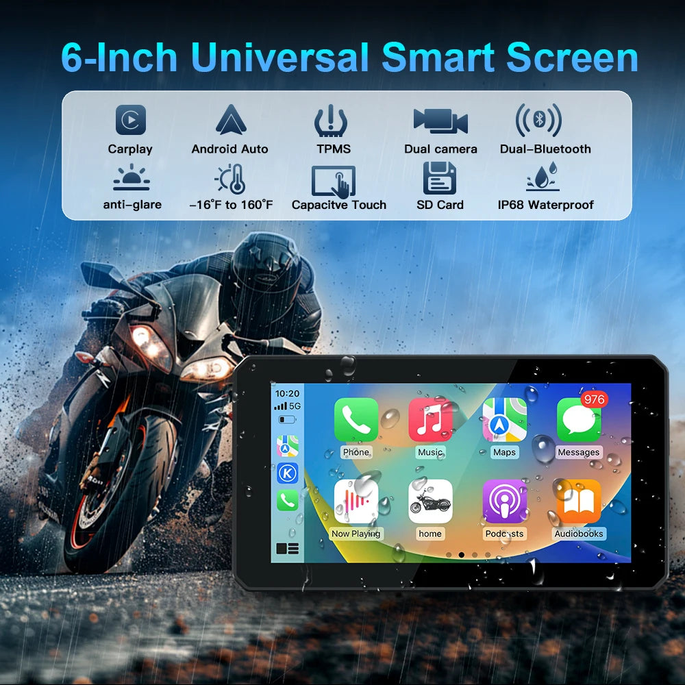 Portable 6 inch Motorcycle GPS Navigation Wireless Carplay Android Auto IP68 Waterproof DV