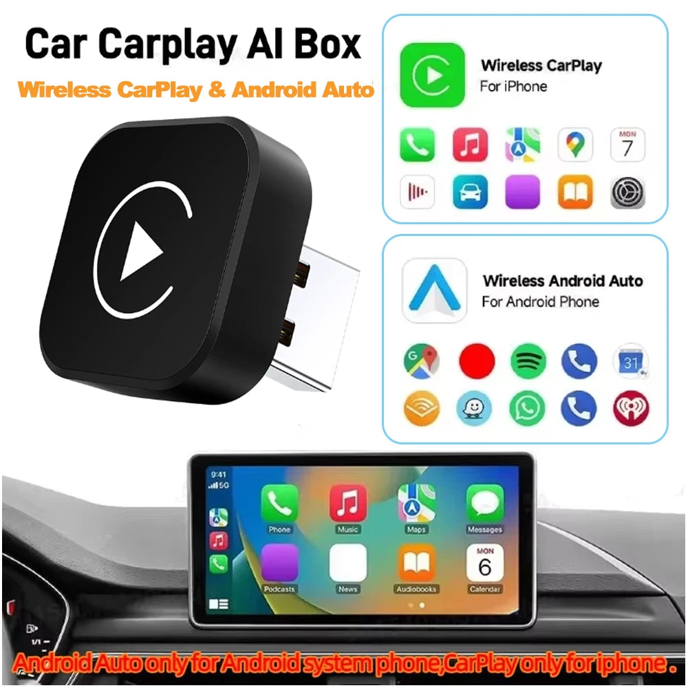 Mini Wireless 2 in1 Carplay Adapter for Android iPhone Auto Wired to Wireless AI Box USB C