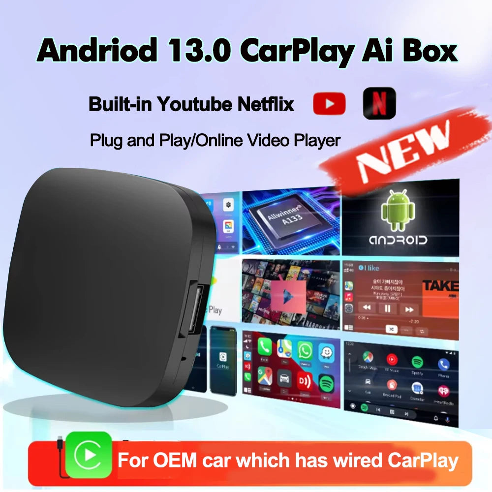 Ai Box Android 13 Wired to Wireless Carplay Android Auto Adapter WiFi For Youtube Nexflit