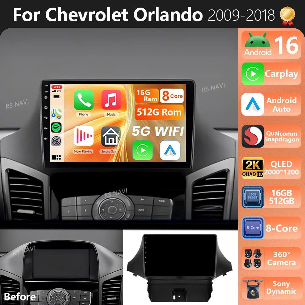 Plug and Play Android 16 For Chevrolet Orlando 2009 2010 - 2018 2K QLED Stereo Car Radio M