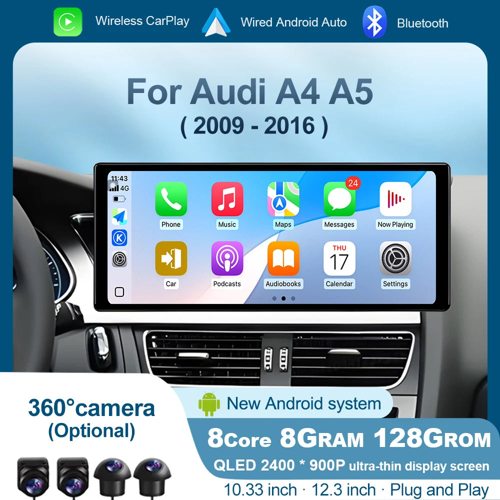 12.3 inch QLED Touch Screen For Audi A4 A5 2009-2016 Intelligent Android OS System Car Rad