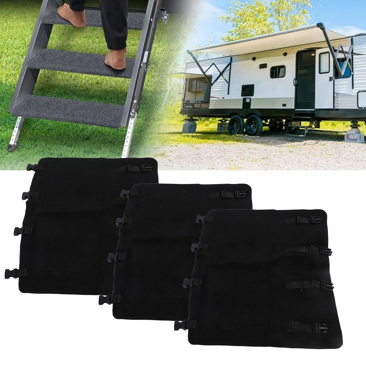 3Pcs RV Step Covers 22 X 20 Inch Black RV Step Rug Carpets for Curved Foot Ladder Manual Electri - Automotive LED Light