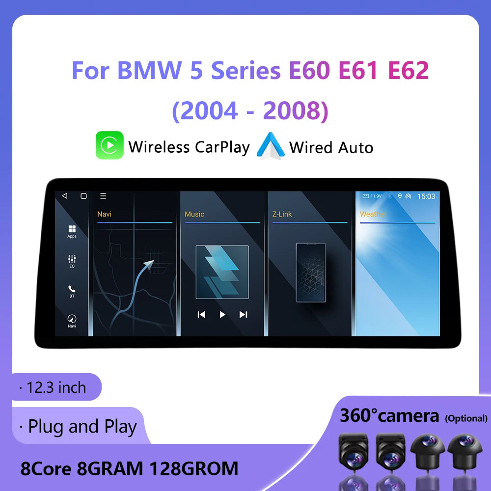 12.3inch Android Auto For BMW 5 Series E60 E61 E62 2004- 2008 Wireless CarPlay Multimedia