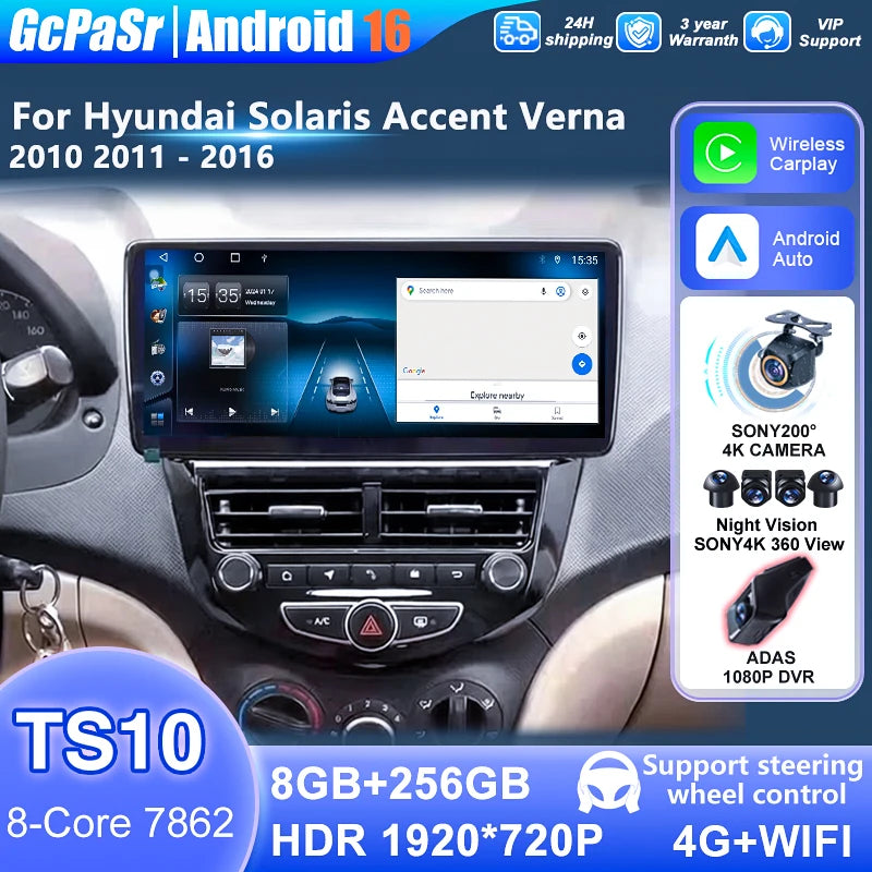 12.3" Android 16 For Hyundai Solaris Accent Verna 2010 2011 - 2016 Navigation Carplay Car
