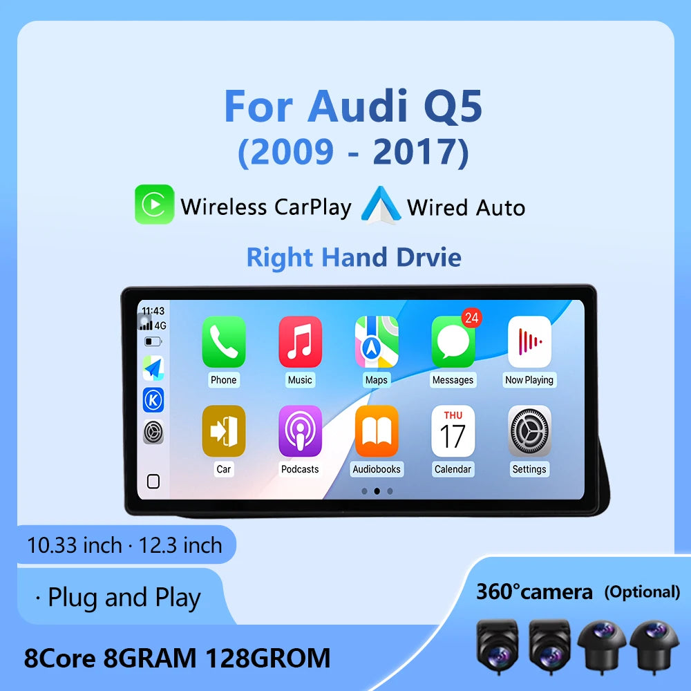 Right Hand Drvie 12.3inch Carplay Android 14 Auto For Audi Q5 2009-2017 Car Video Players