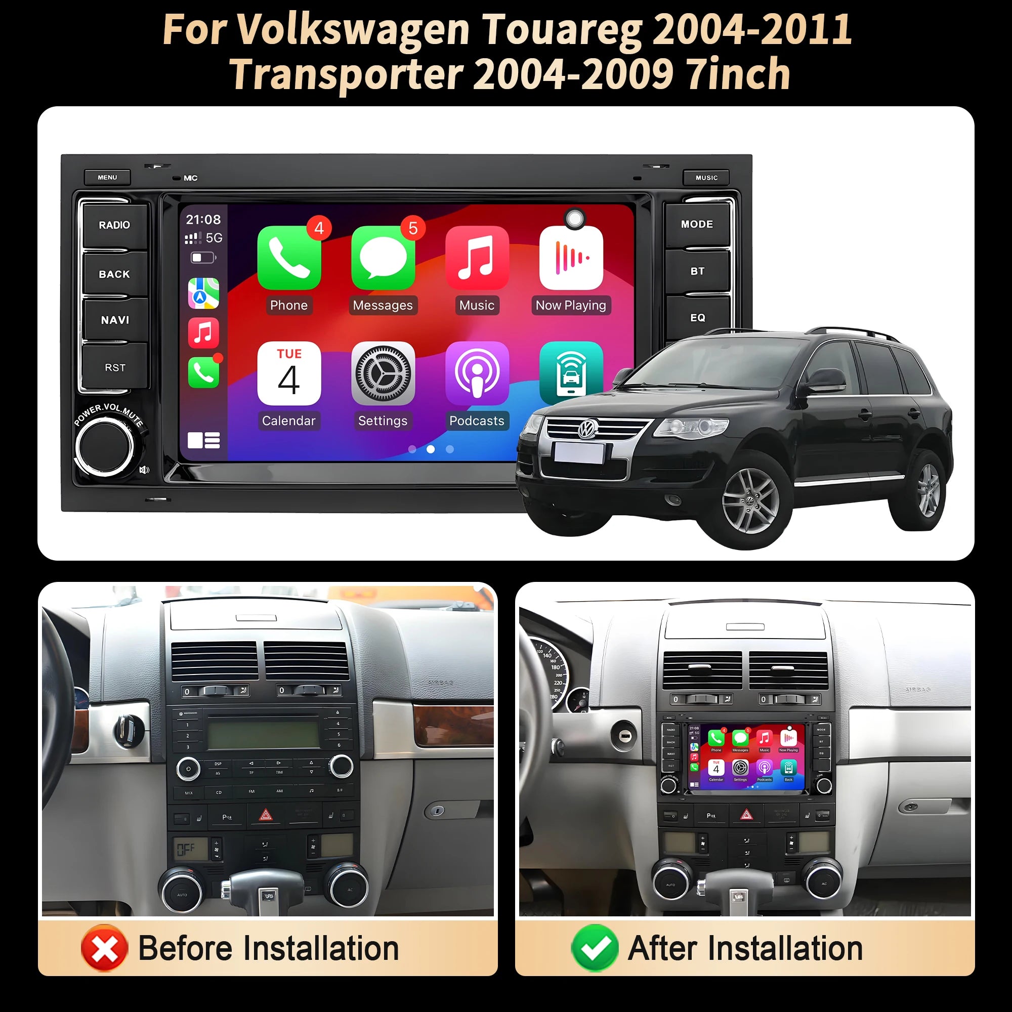 7 inch Car Radio For Volkswagen Touareg 2004-2011 Transporter 2004-2007 2008 2009 Wireless