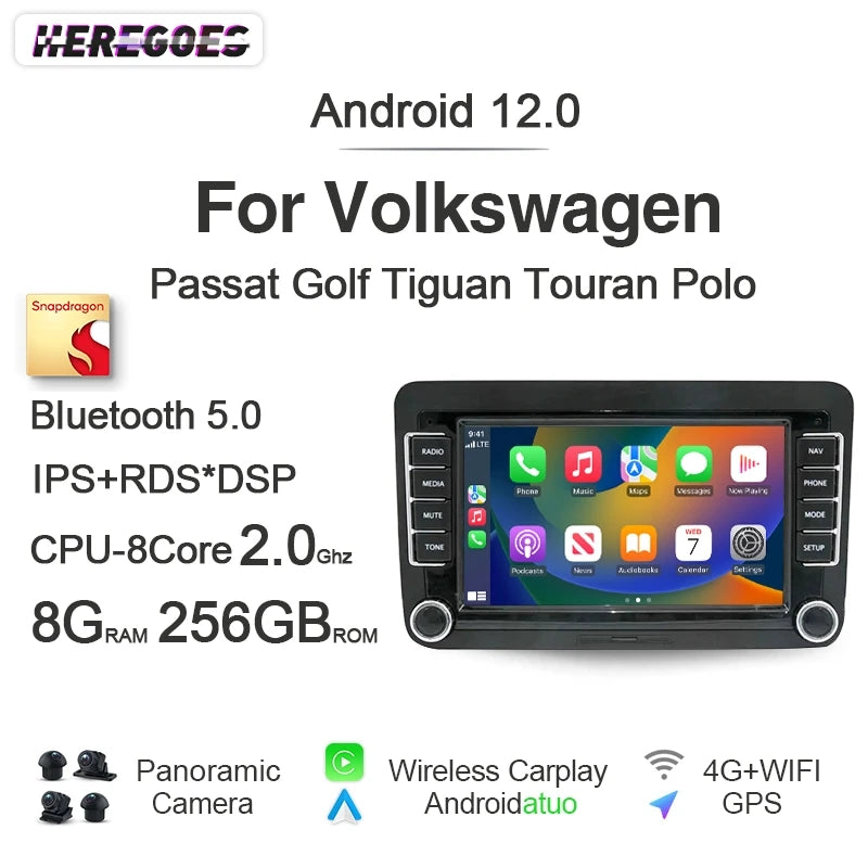 12.3" Car Radio GPS Android 12 8-Core 8+256GB 2 Din Auto Navigation for Volkswagen Passat Golf Transporter Polo Jetta -