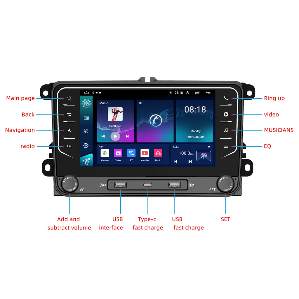 7" Android Car Radio GPS for Volkswagen Universal Model CarPlay Android Auto Bluetooth Steering Control - 2GB 64GB