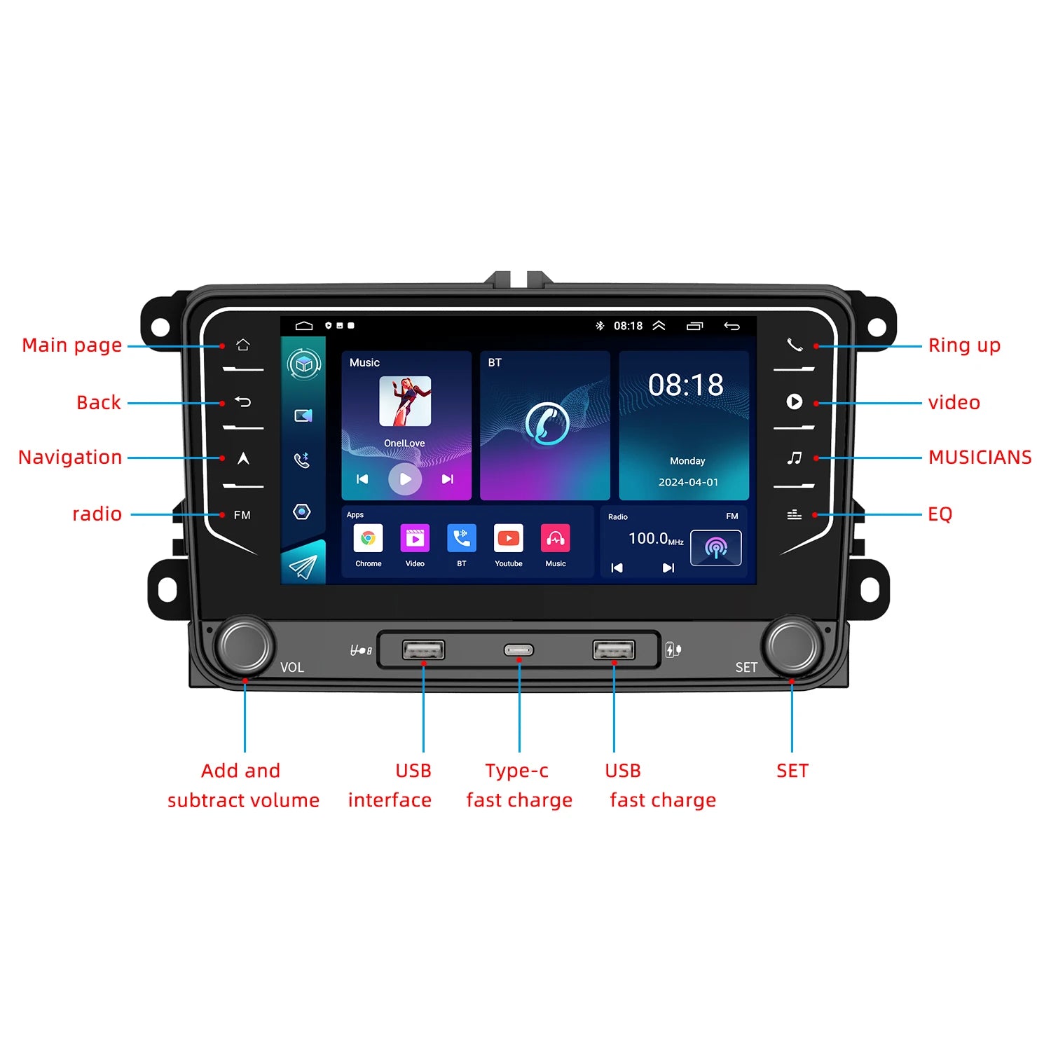 7" Android Car Radio GPS for Volkswagen Universal Model CarPlay Android Auto Bluetooth Steering Control - 2GB 64GB