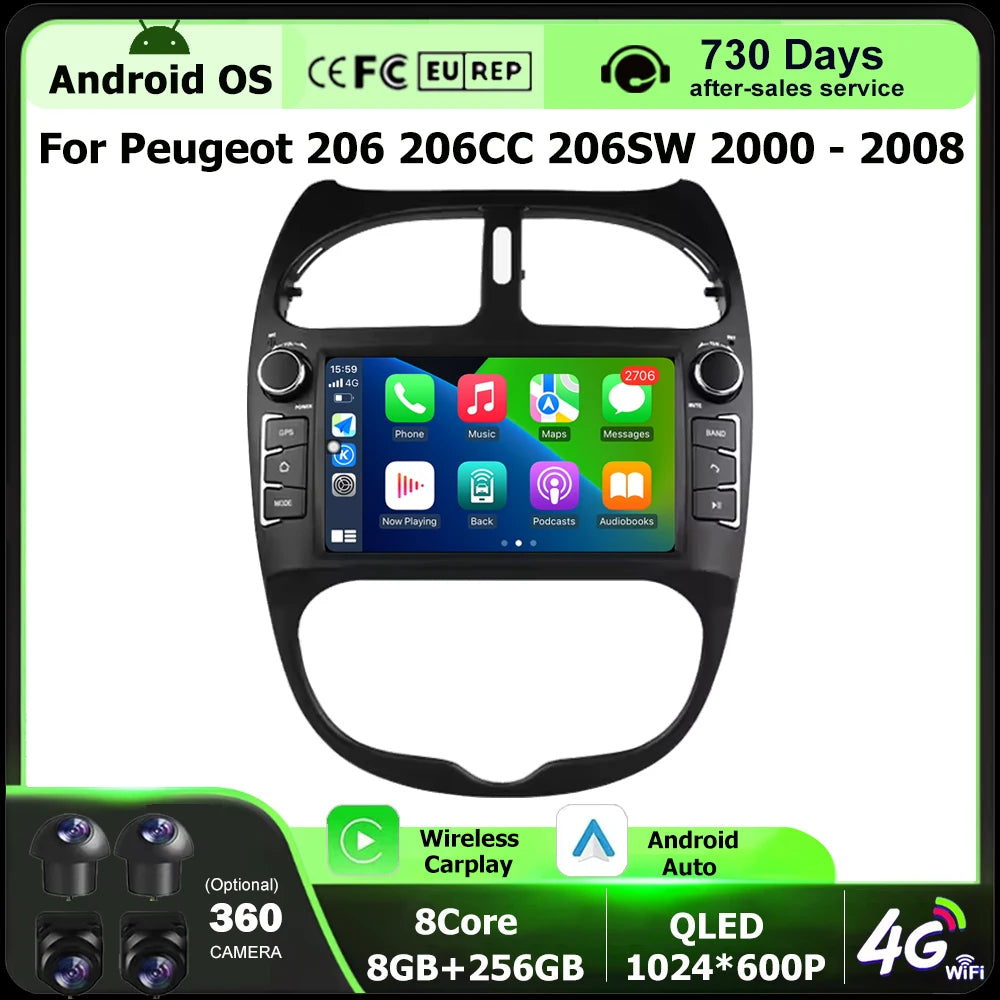 Wireless Carplay For Peugeot 206 206CC 206SW 2000-2008 Android 16 Auto Car Radio Multimedi