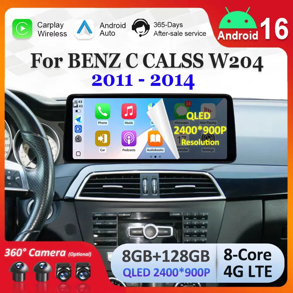 Android 16 Accessories Car Multimedia Radio and Ultra-thin screen Carplay QLED for BENZ C
