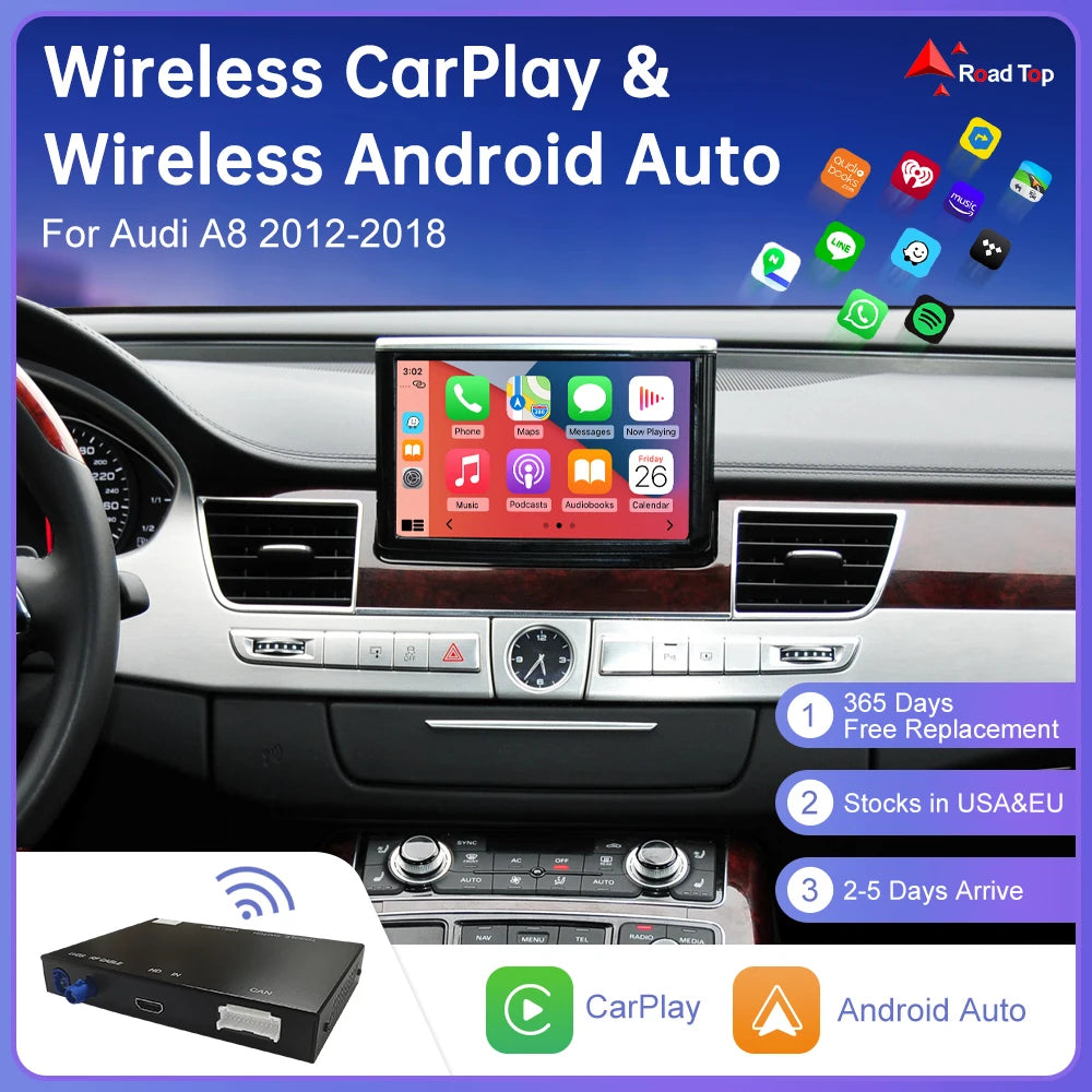 Android Auto Wireless CarPlay for Audi A8 2012-2018, with AirPlay Mirror Link Rear Camera