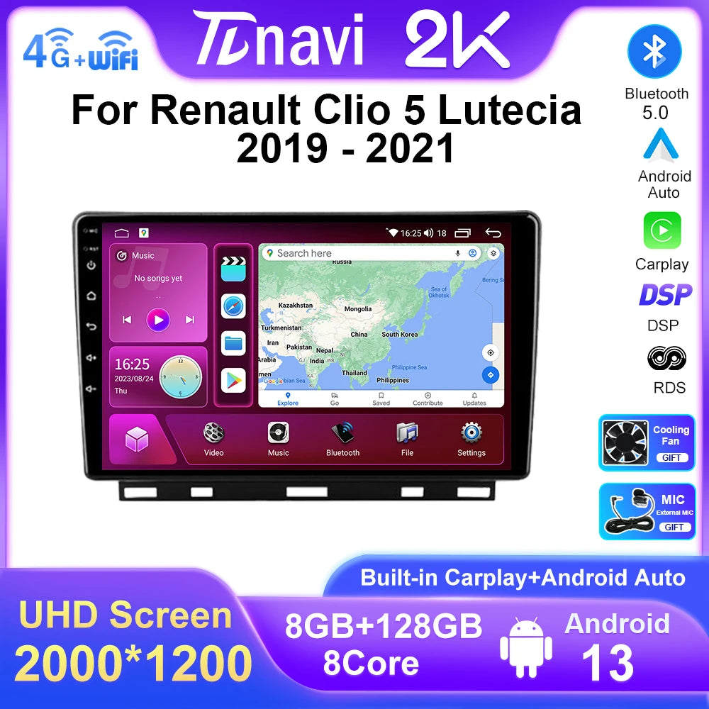9" Android 14 Car Radio For Renault Clio 5 Lutecia 2019 - 2021 Auto Multimedia Player Ster