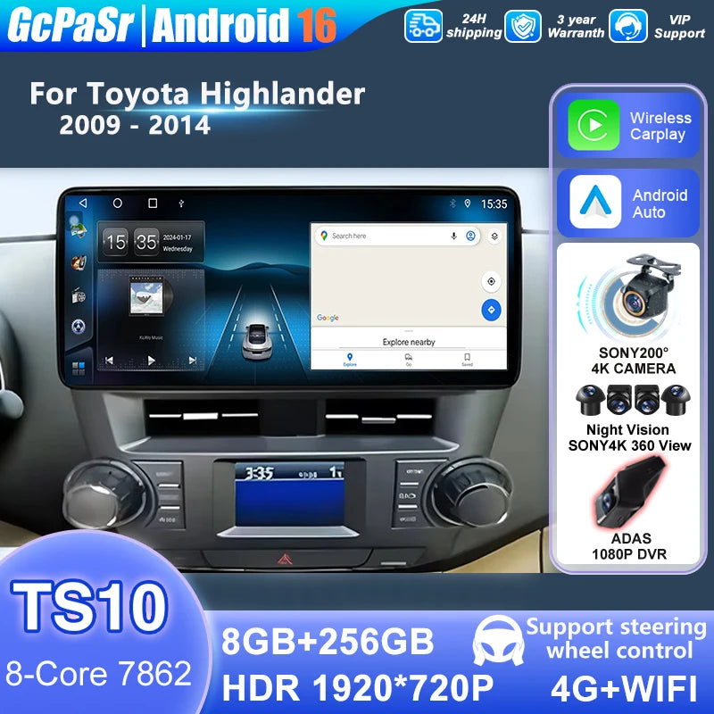 12.3" Android 16 Carplay Car Radio For Toyota Highlander 2009 - 2014 Multimedia Player 2 d