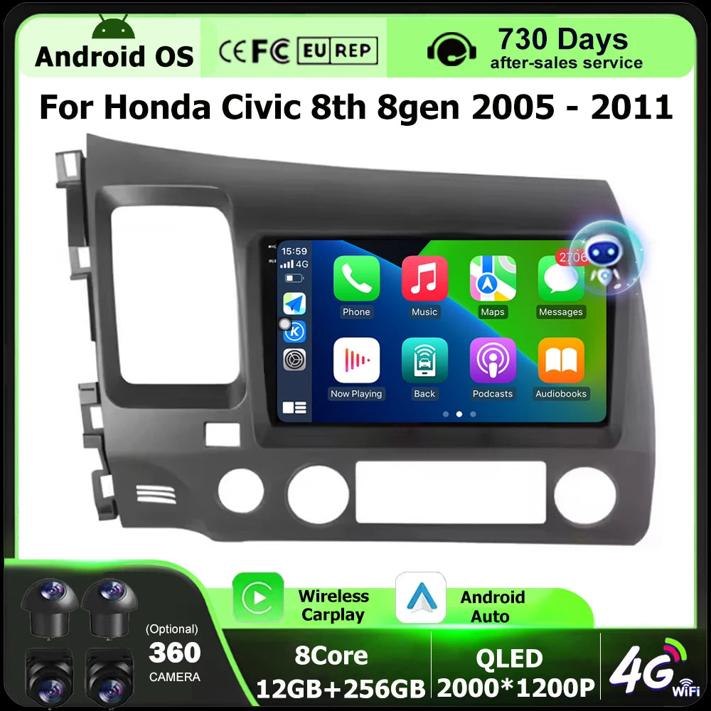 Car Radio Multimedia Player QLED Touch Screen For Honda Civic 8th 8gen 2005 2006 2007 2008