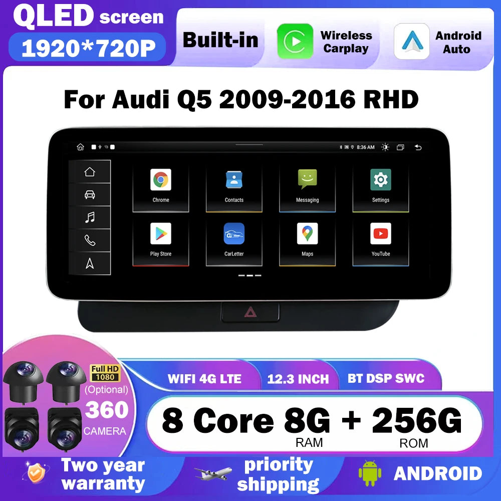 Car Multimedia QLED 1920*720P RHD 12.3" For Audi Q5 2009 - 2017 Android Auto Carplay 8 Cor
