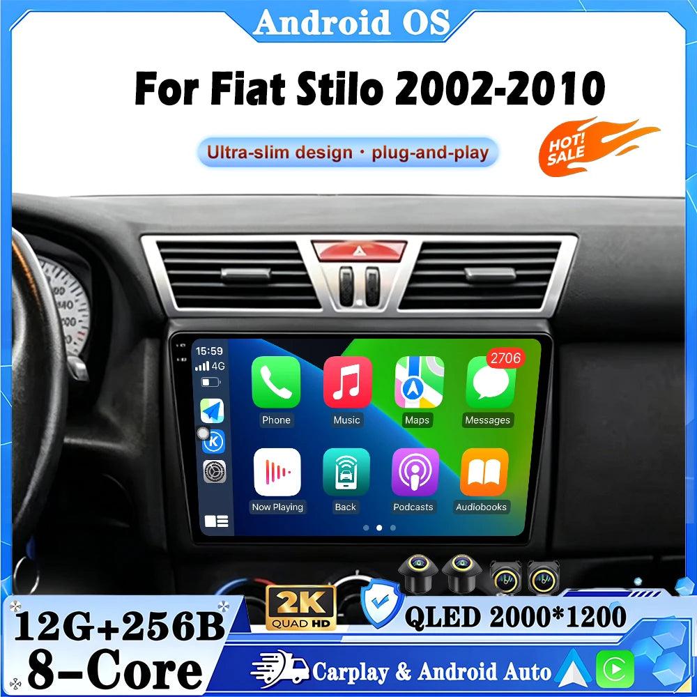Android 16 For Fiat Stilo 2002-2010 Carplay Auto 4G+ WIFI GPS Car Radio Navigation Multime