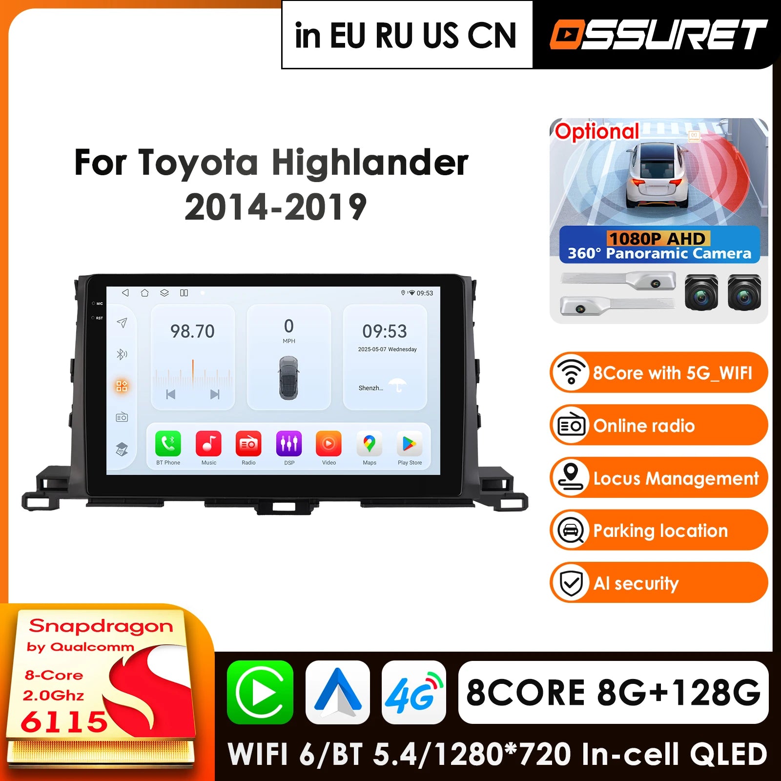 10.1" Car Radio GPS for Toyota Highlander 2014-2019 Carplay Android Auto Qualcomm 8Core 360° Panoramic Camera