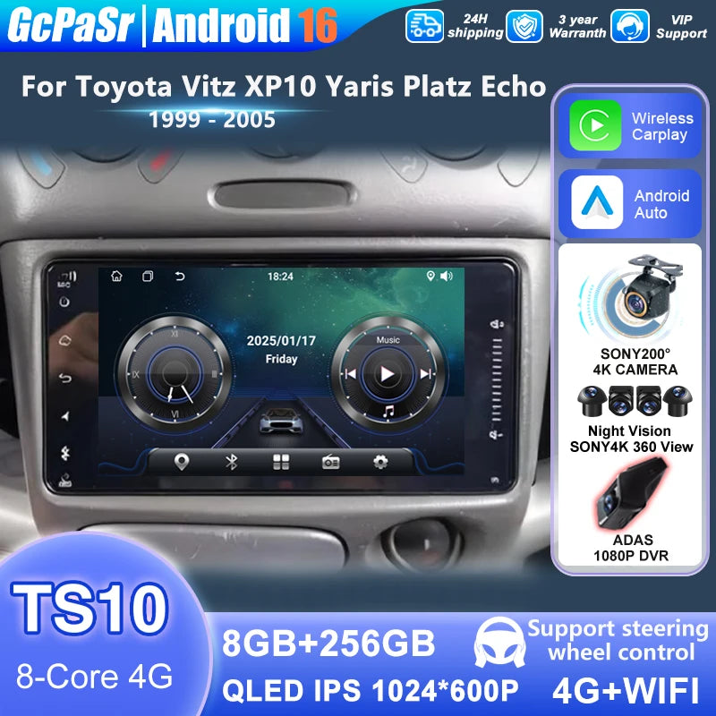 For Toyota Vitz XP10 Yaris Platz Echo 1999 2000 2001 - 2005 Android 16 Multimedia Video Pl