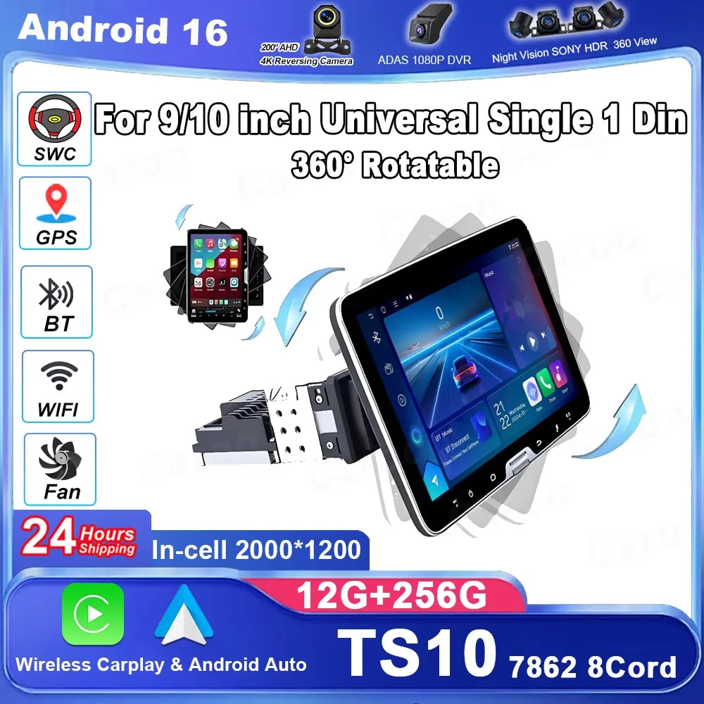 9/10 Inch Car Radio Universal Single 1 Din 360° Rotatable Car Radio Multimedia Player GPS