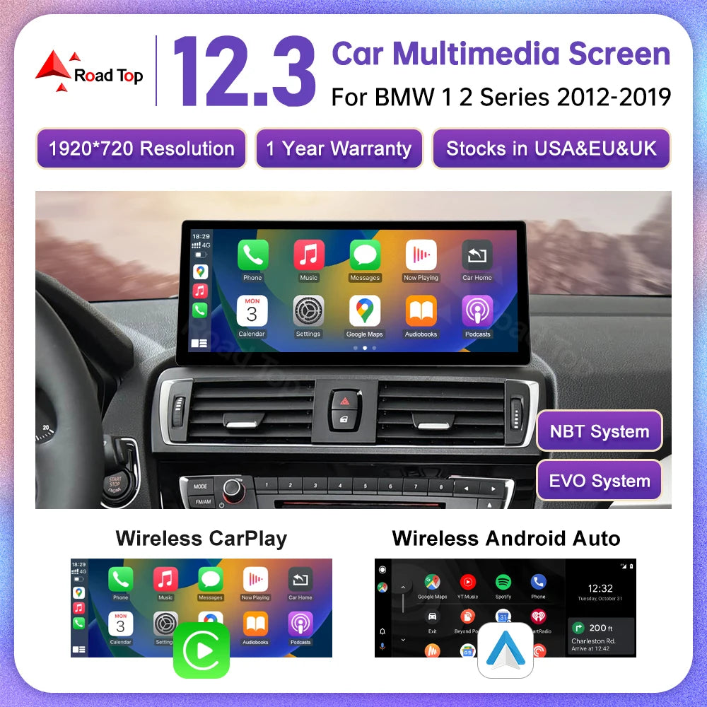 12.3" Ultra Touch Screen For BMW 1/2/ Series F20/F21/F22/F45/F46 Android Auto Wireless Car | AUTOKITSHOP