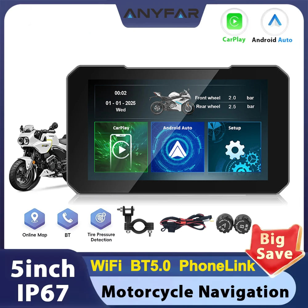 5'' Wireless Carplay Android Auto Motorcycle Monitor IP67 Waterproof GPS Navigation Portab