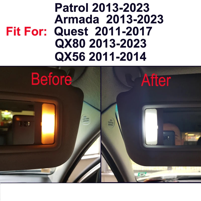 (The Only Seller) 2Pcs LED Sunvisor Light Vanity Mirror Bulb Interior Lamp For Nissan Patrol Y62 Armada Quest Infiniti QX56 QX80