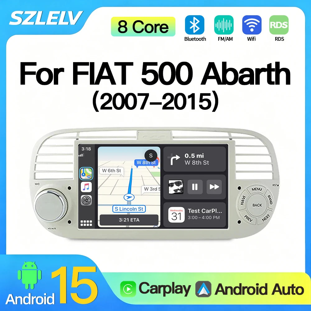 SZLELV Car Radio Android Carplay Auto Audio For FIAT 500 Abarth 2 Din GPS Multimedia Video