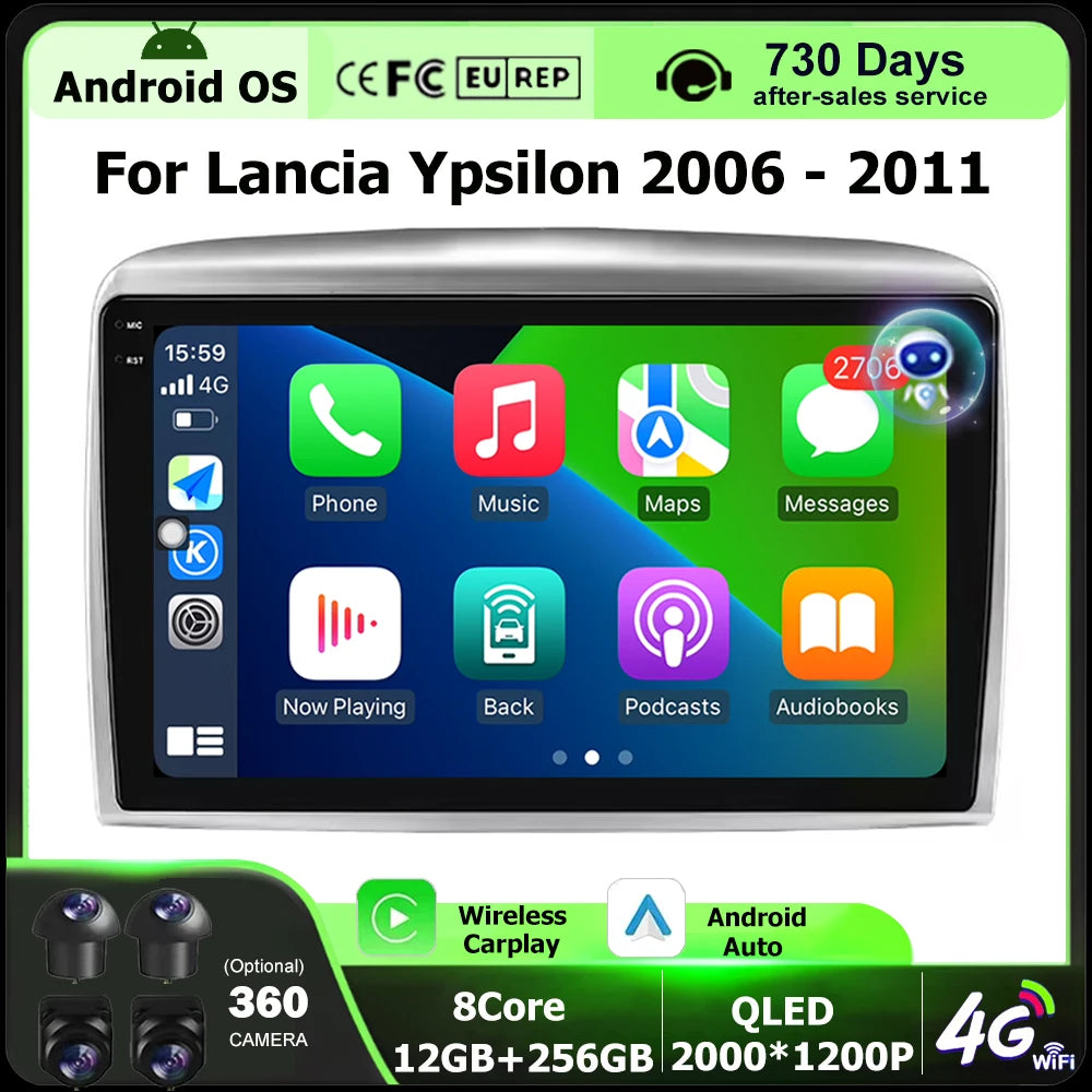 Wireless CarPlay For Lancia Ypsilon 2006-2011 Android 16 Auto Car Radio Multimedia Video P