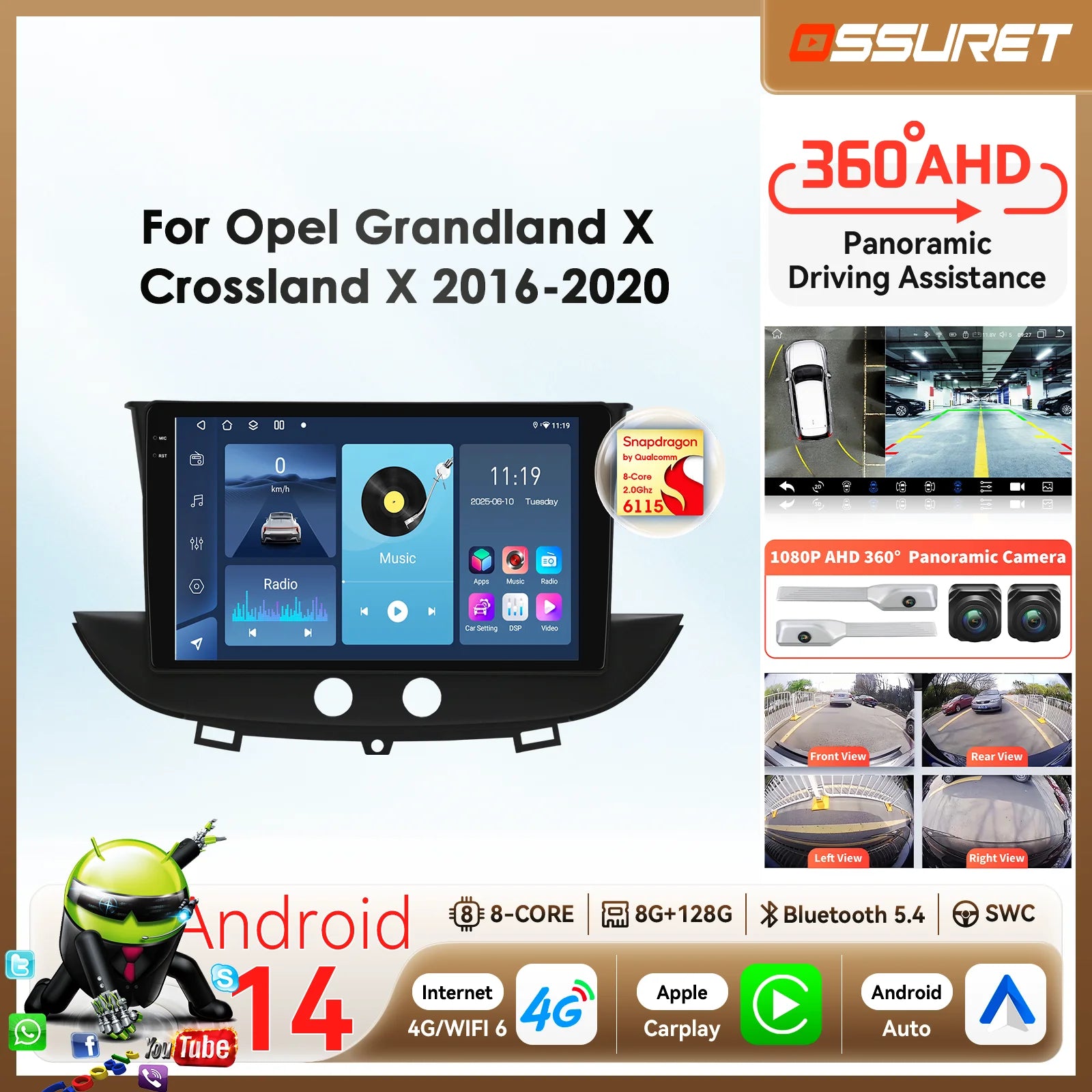 9"Carplay Android14 Auto Car radio For Opel Grandland X Crossland X 2016-2020 Multimedia B