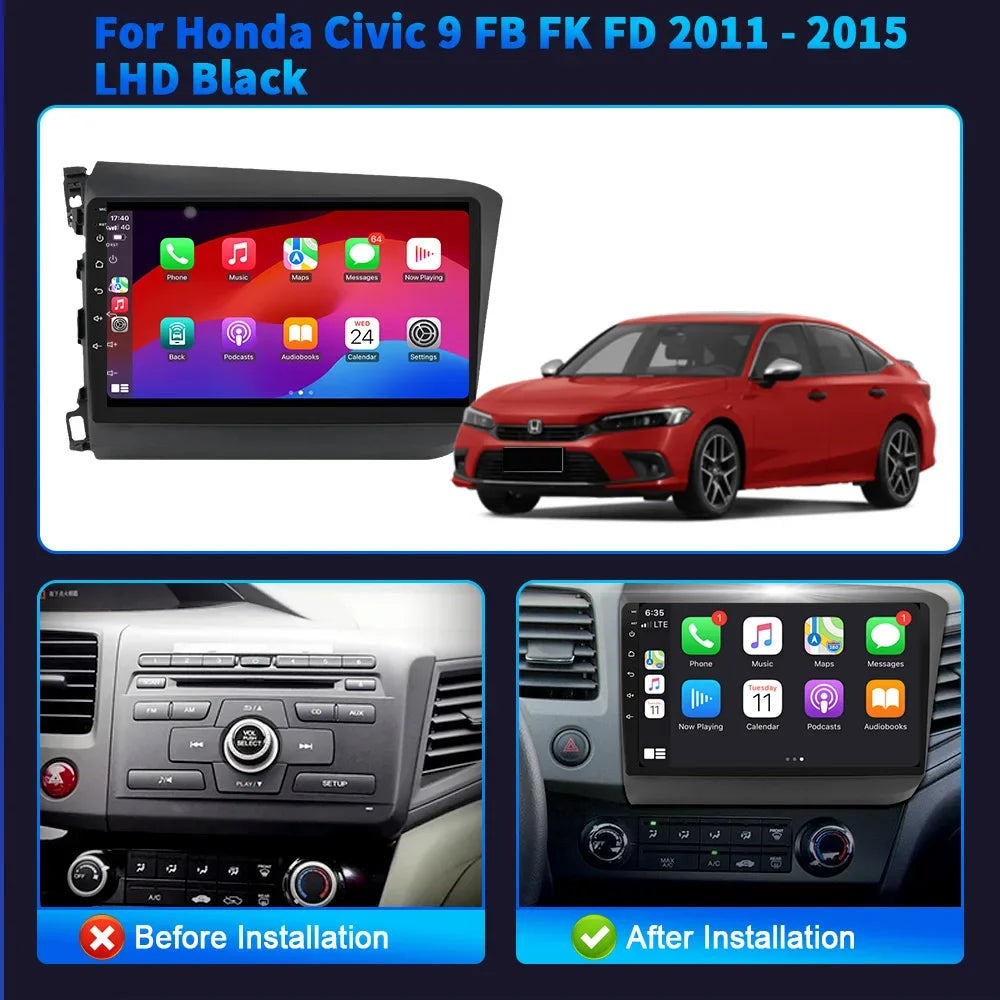 For Honda Civic 9 FB FK FD 2012-2015 LHD Black Android 14 Car Radio Multimedia 4G Wireless