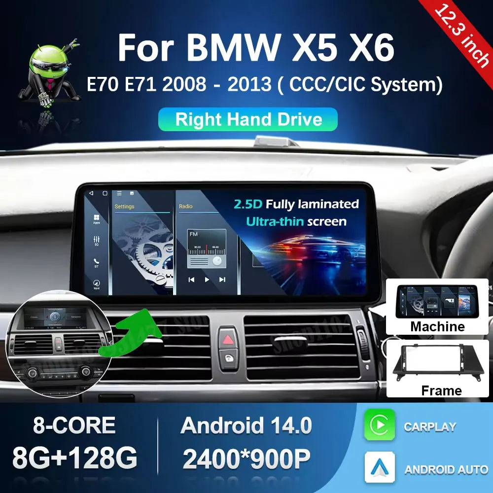 RHD 4G Carplay Car Radio Multimedia Video Player Stereo Android 14 for BMW X5 E70 X6 E71 2