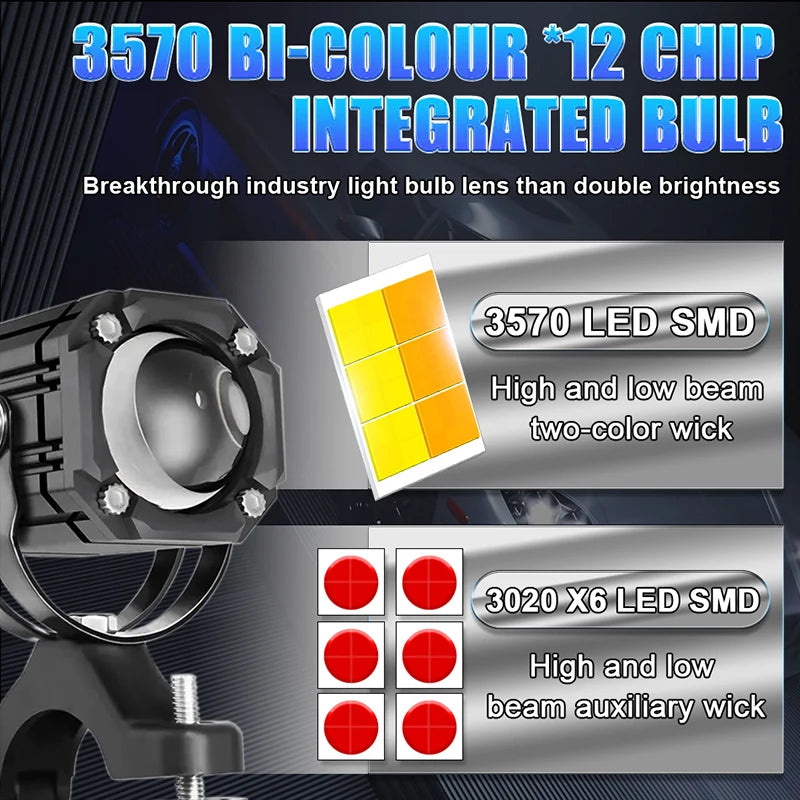 2pc Motorcycle Projection LED Headlight Lens Bi-color Auxiliary Spotlight Red Flashing War