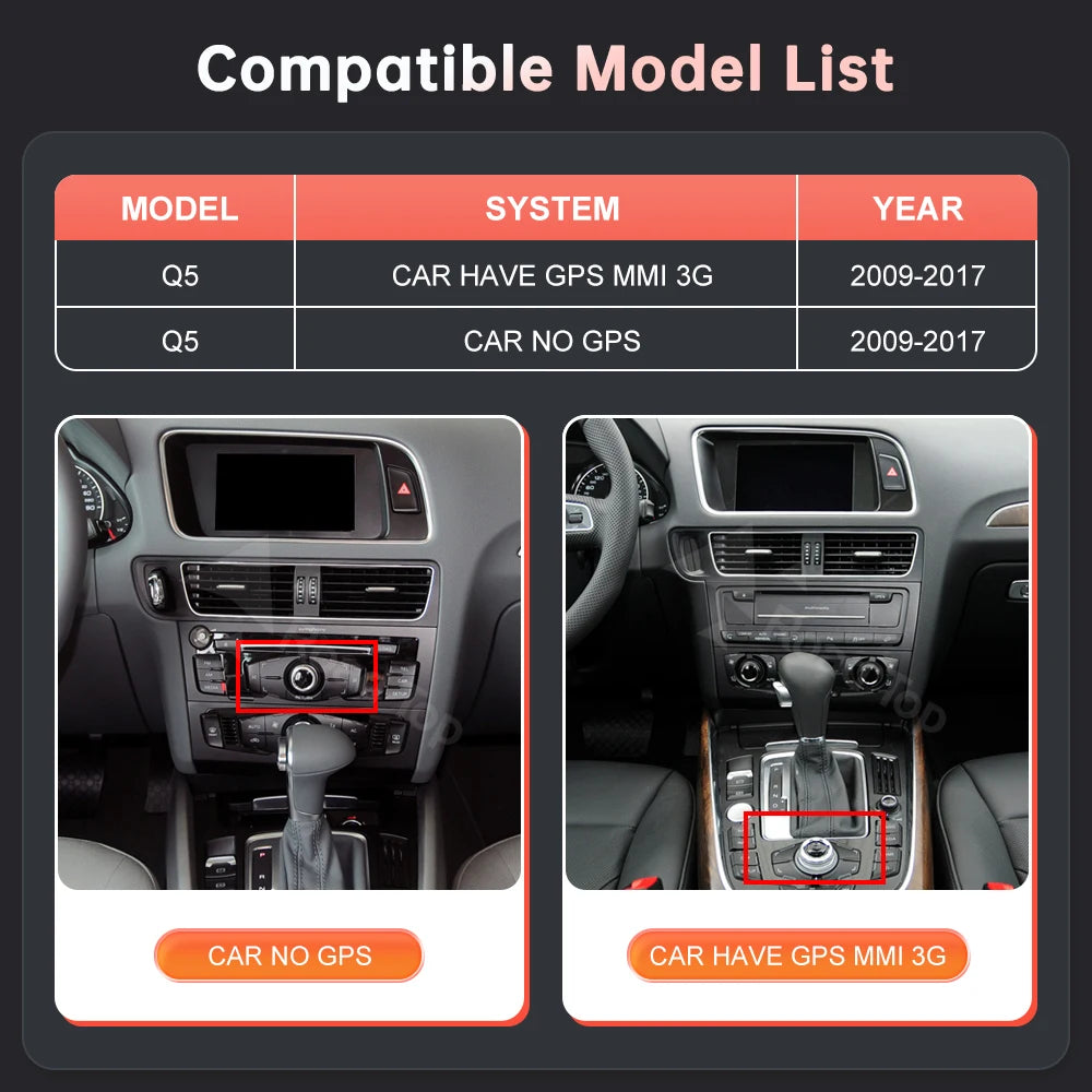 RoadTop Linux Screen Wireless CarPlay Android Auto Car Multimedia Display For Audi Q5 2009 | AUTOKITSHOP