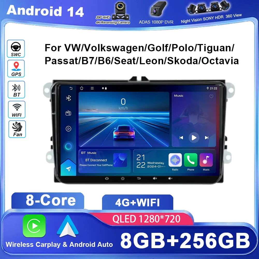 9" Android 14 Car Radio For VW/Volkswagen/Golf/Polo/Tiguan/Passat/B7/B6/Seat/Leon/Skoda/Oc