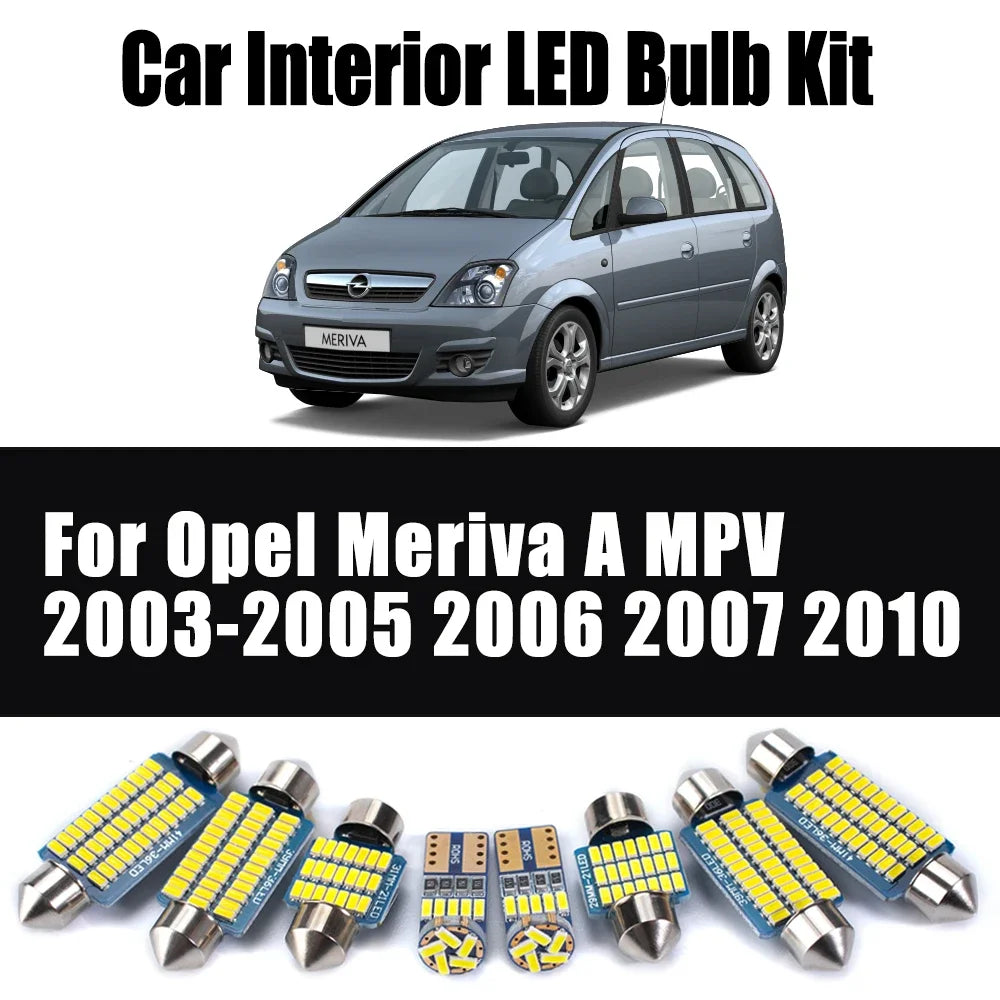10-Piece LED Interior Light Kit for Opel Meriva A MPV 2003- 2007 - Canbus Dome Map Door Trunk Bulbs | AUTOKITSHOP