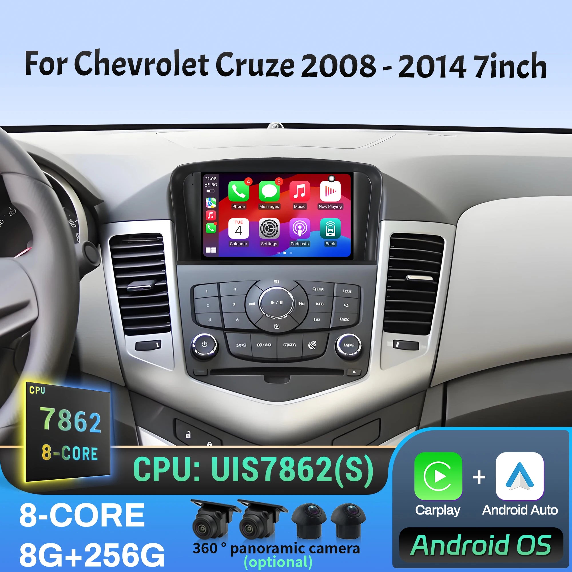 7 inch Android 14 Car Radio For Chevrolet Cruze 2008 2009 2010 2011 2012 2013 2014 Wireles