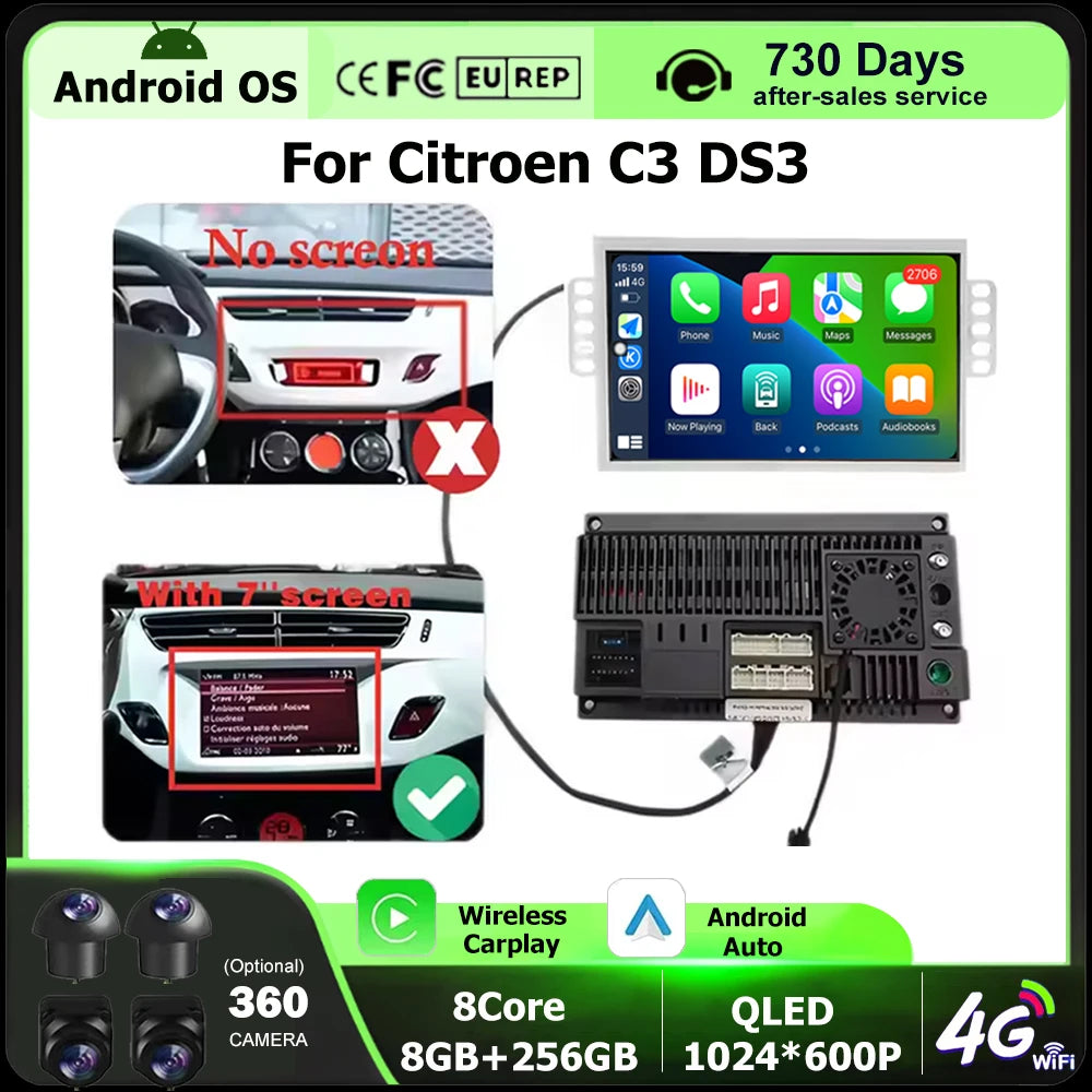 Car Radio Multimedia Video Player GPS Navigation Stereo For Citroen C3 DS3 Android 16 Auto