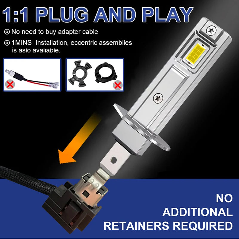 4000W 4200000LM H1 LED Headlight 6000K White Plug&Play 1:1 Fanless Mini Turbo Car Headlamp