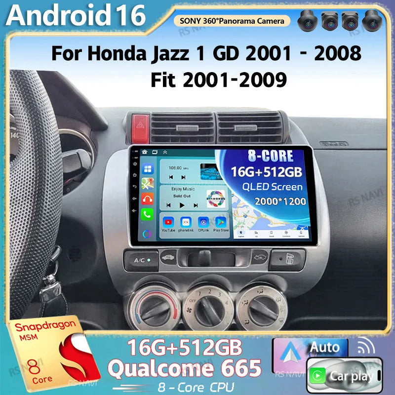 Android 16 2K QLED For Honda Jazz 1 GD 2001 - 2008 Fit 2001-2009 Car Radio Multimedia Vide