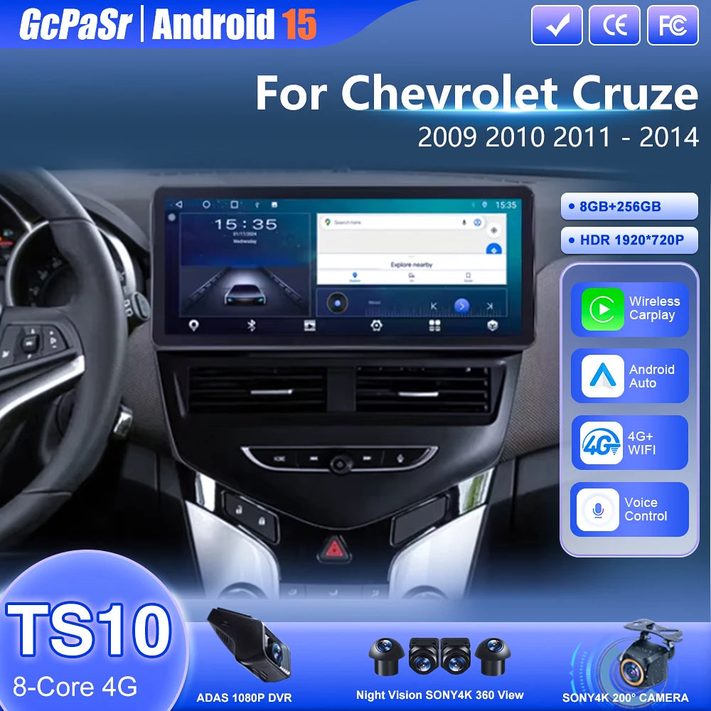 12.3" Android 15 Carplay Car Radio For Chevrolet Cruze J300 2009 - 2014 Multimedia Player