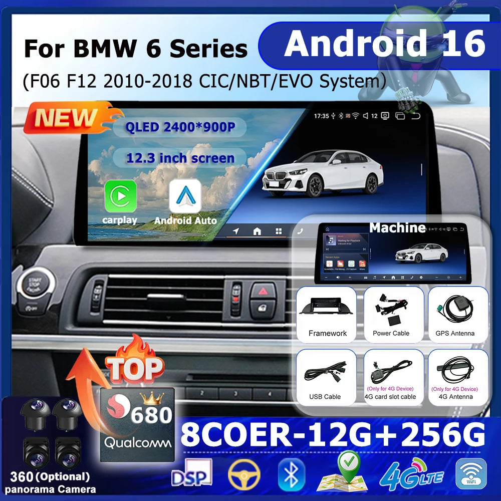 Android 16 Car Multimedia Player Carplay 12.3'' QLED Android Auto For BMW 6 Series F06 F12