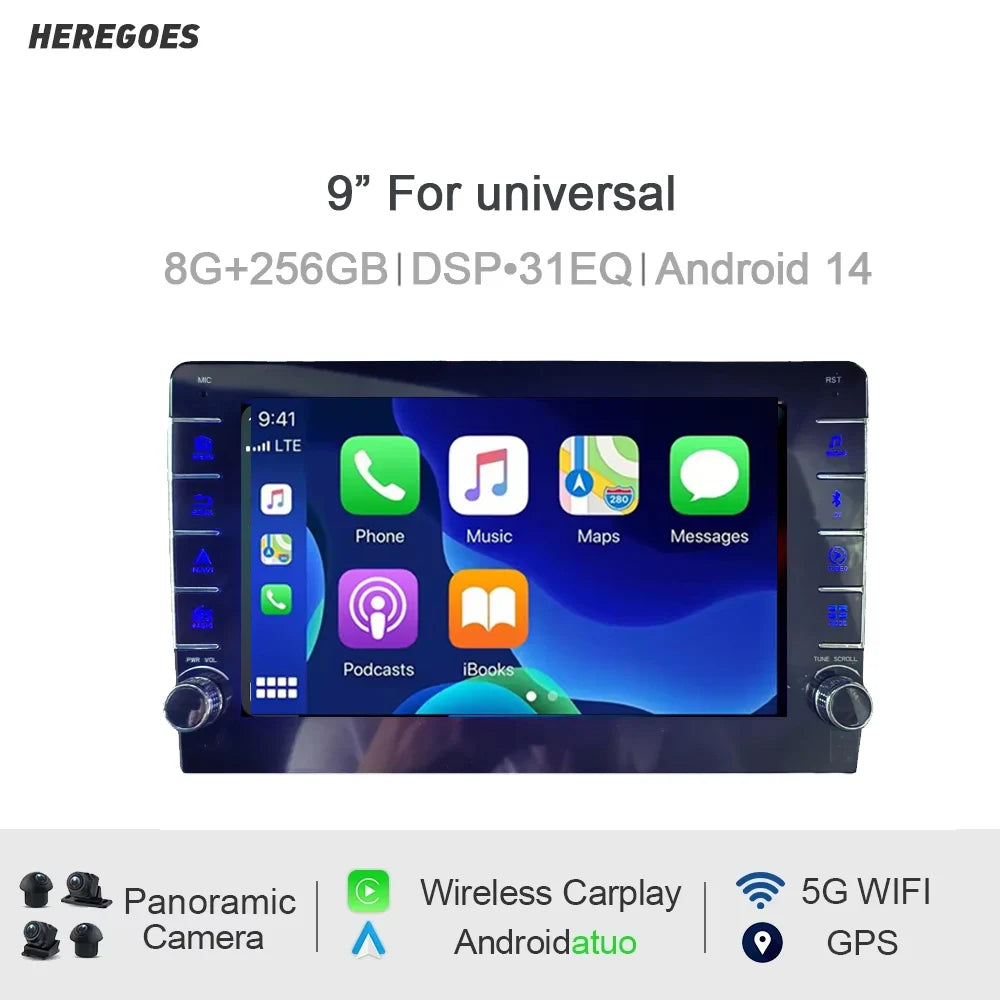 9" 1280x720 IPS Carplay 14 Car Radio GPS Navigation Stereo WiFi 8G+128G for Universal Cars - Android Auto Support